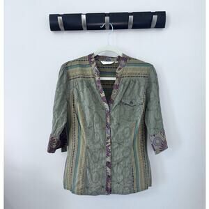 EUC Next brand olive green blouse, slightly tapered at waist, 3/4 sleeves, Sz 10